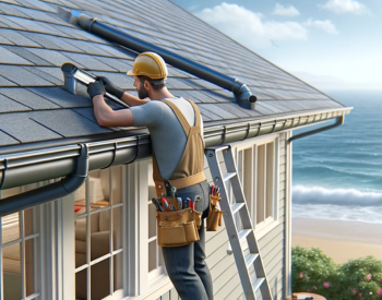 A professional technician installing seamless gutters on a residential home in Corte Madera, CA, with tools and materials neatly organized.